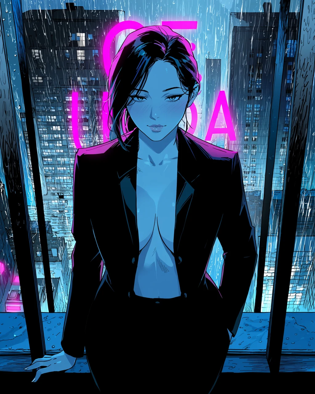 futanari adult character, corporate fixer in an open tailored suit against a rain-streaked penthouse window, magenta signage glow across bare skin