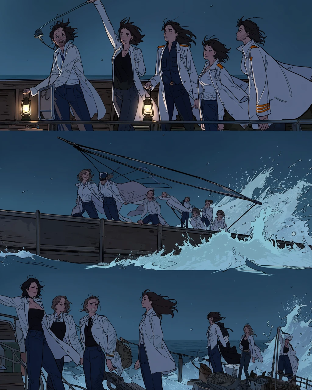 futanari adult character, weathered sea captain in an open coat on a night deck, lantern swinging, wind-thrown dark hair, sea spray
