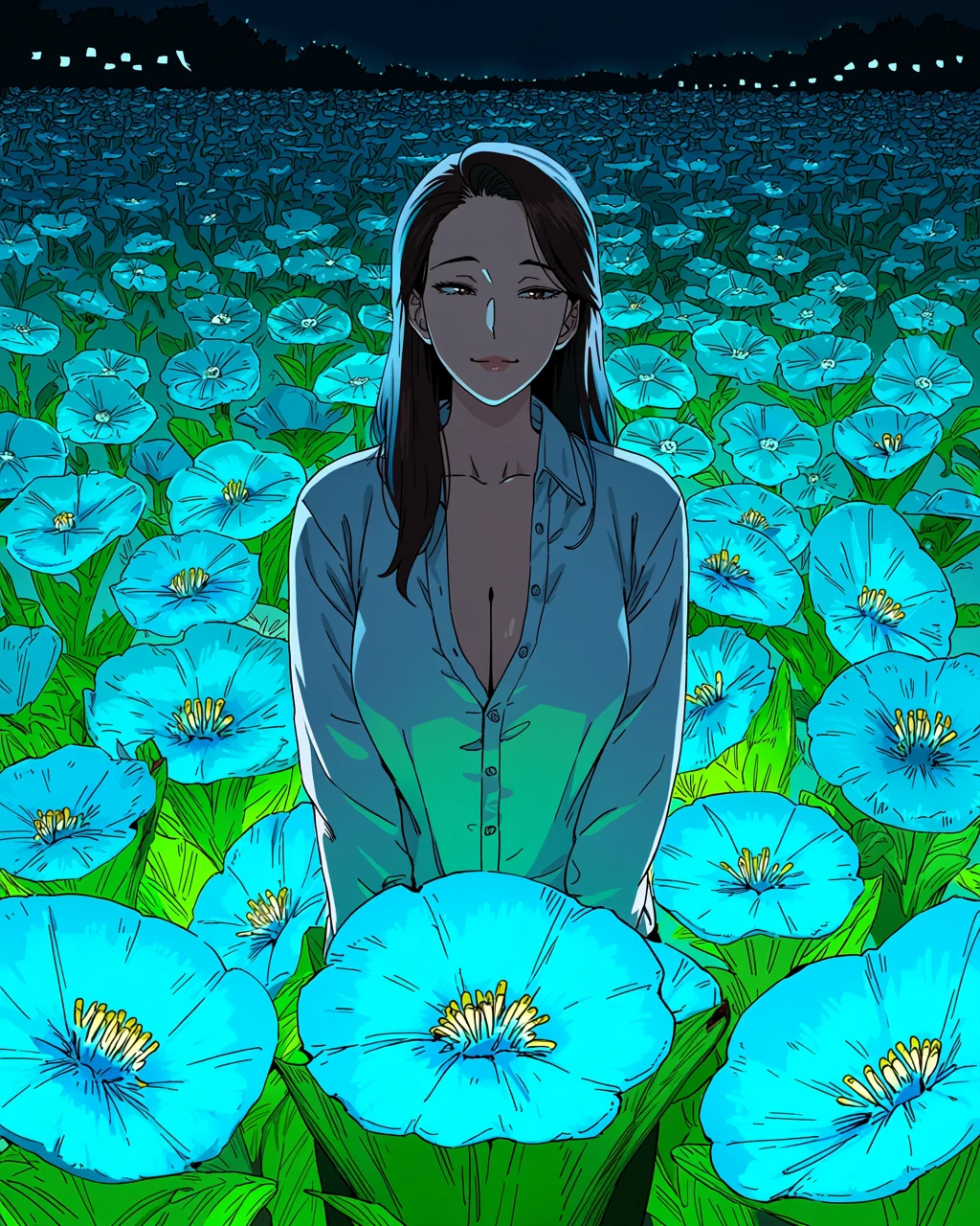 futanari adult character, botanist in an unbuttoned linen shirt among enormous glowing night flowers, bioluminescent blue-green light