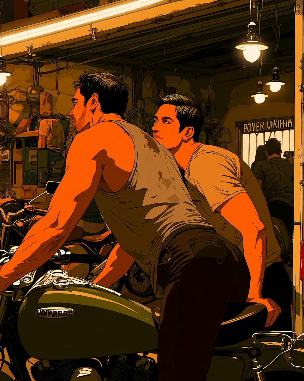 gay couple, two adult men in a motorcycle garage, one in an oil-stained tank top leaning over the tank, the other close behind him, hanging work lights, warm amber shadows