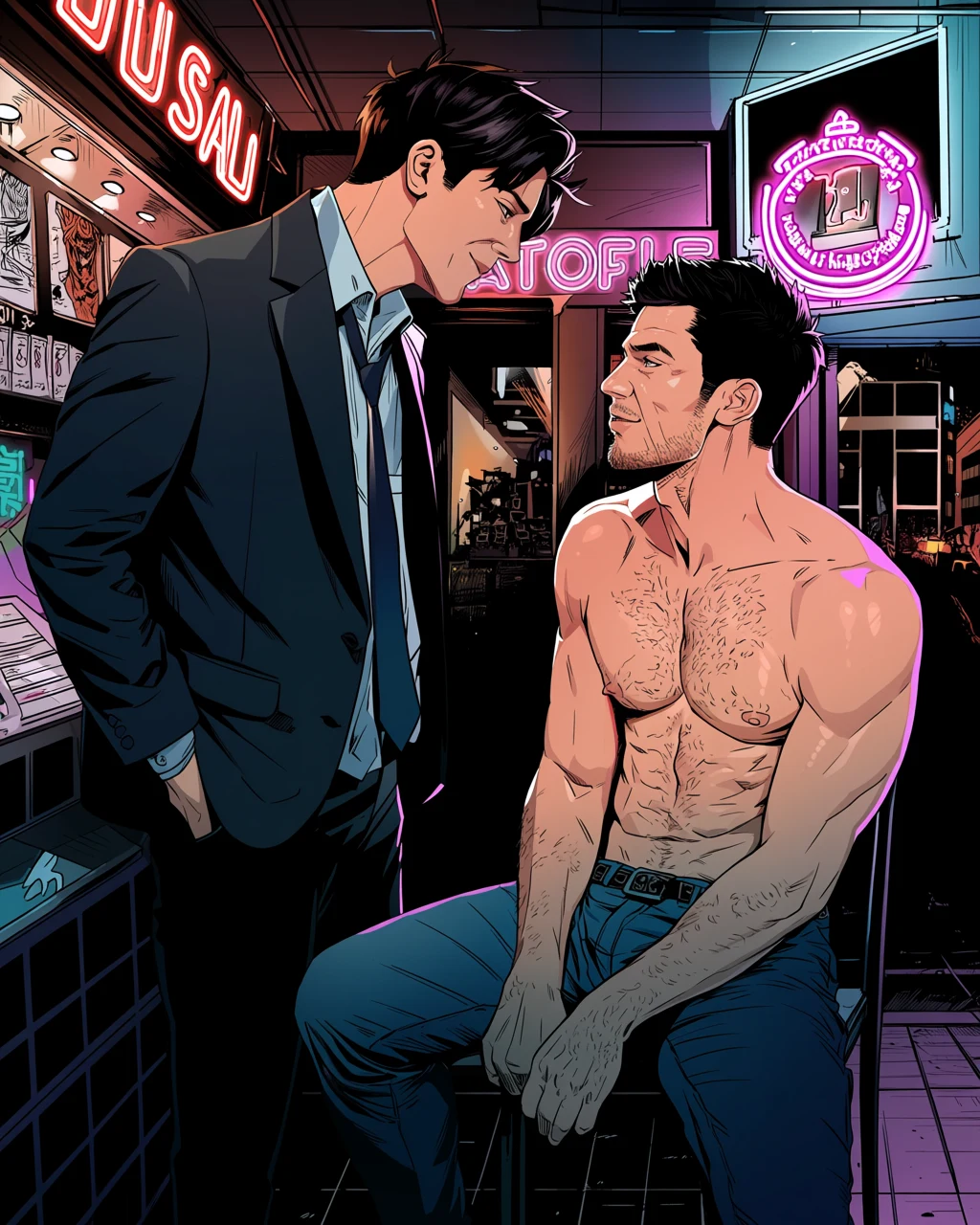 gay couple, two adult men in a late-night tattoo parlor, one seated shirtless with fresh linework across his ribs, the artist leaning in close, neon signage glow