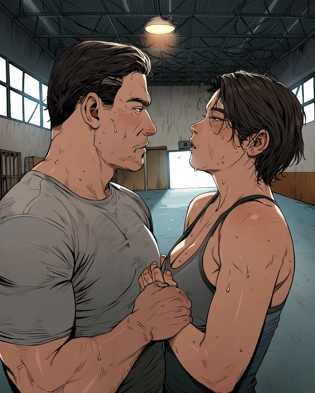gay couple, two adult men in an empty boxing gym after hours, one wrapping the other's hands, sweat-lit skin, single overhead lamp, charged stillness