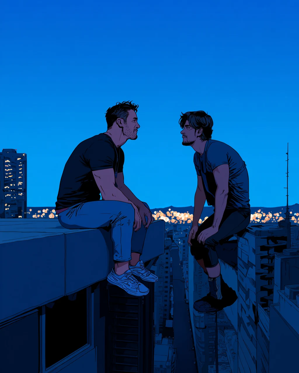 gay couple, two adult men on a high rooftop at blue hour, one seated on the ledge, the other standing between his knees, skyline bokeh behind them