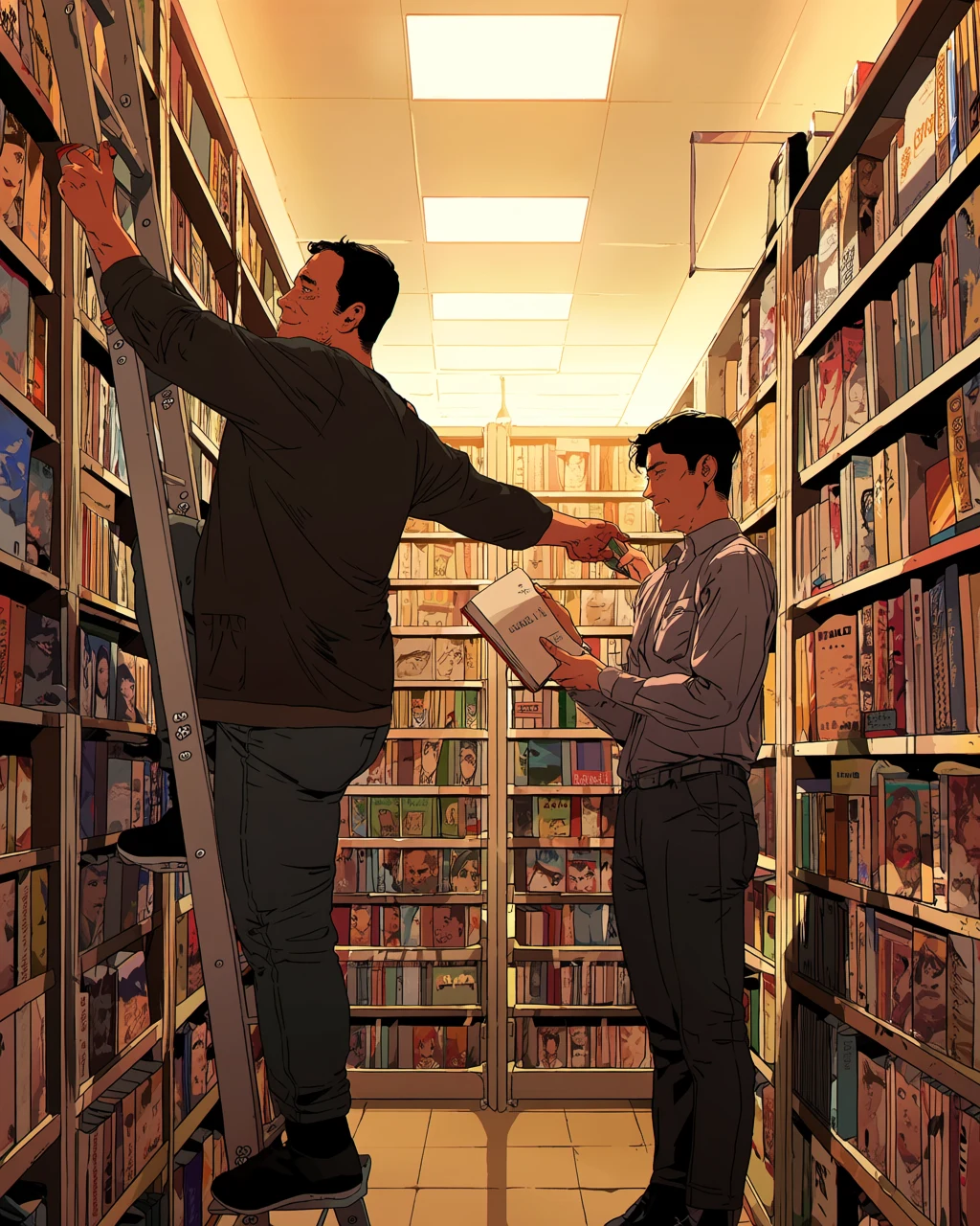 gay couple, two adult men in a closing bookstore, one on a rolling ladder handing a book down to the other, dust in the warm lamplight