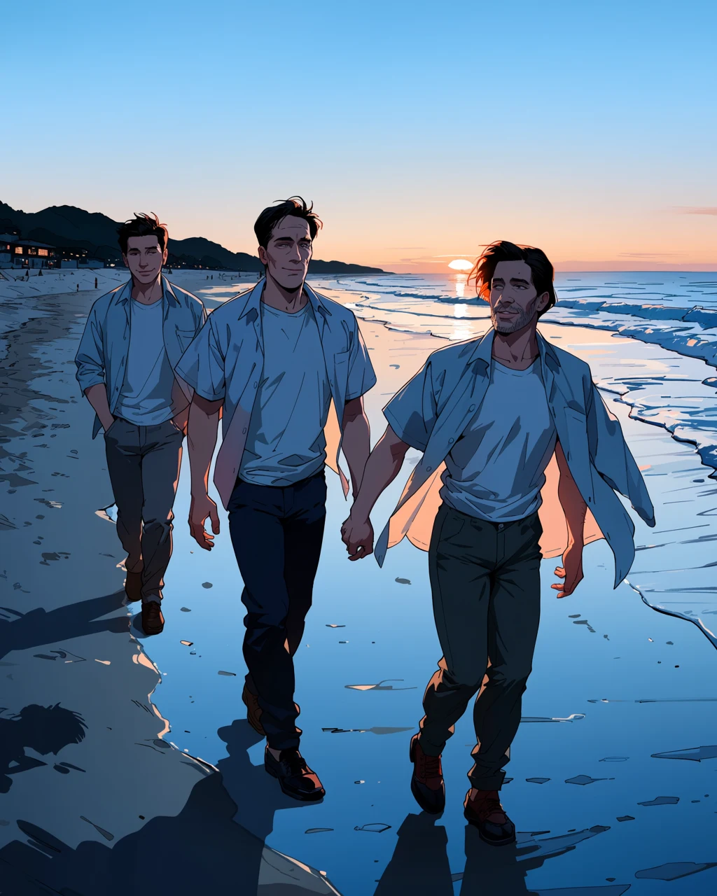 gay couple, two adult men walking a deserted beach at sunset, shirts open in the wind, long shadows, gold rim light on wet sand