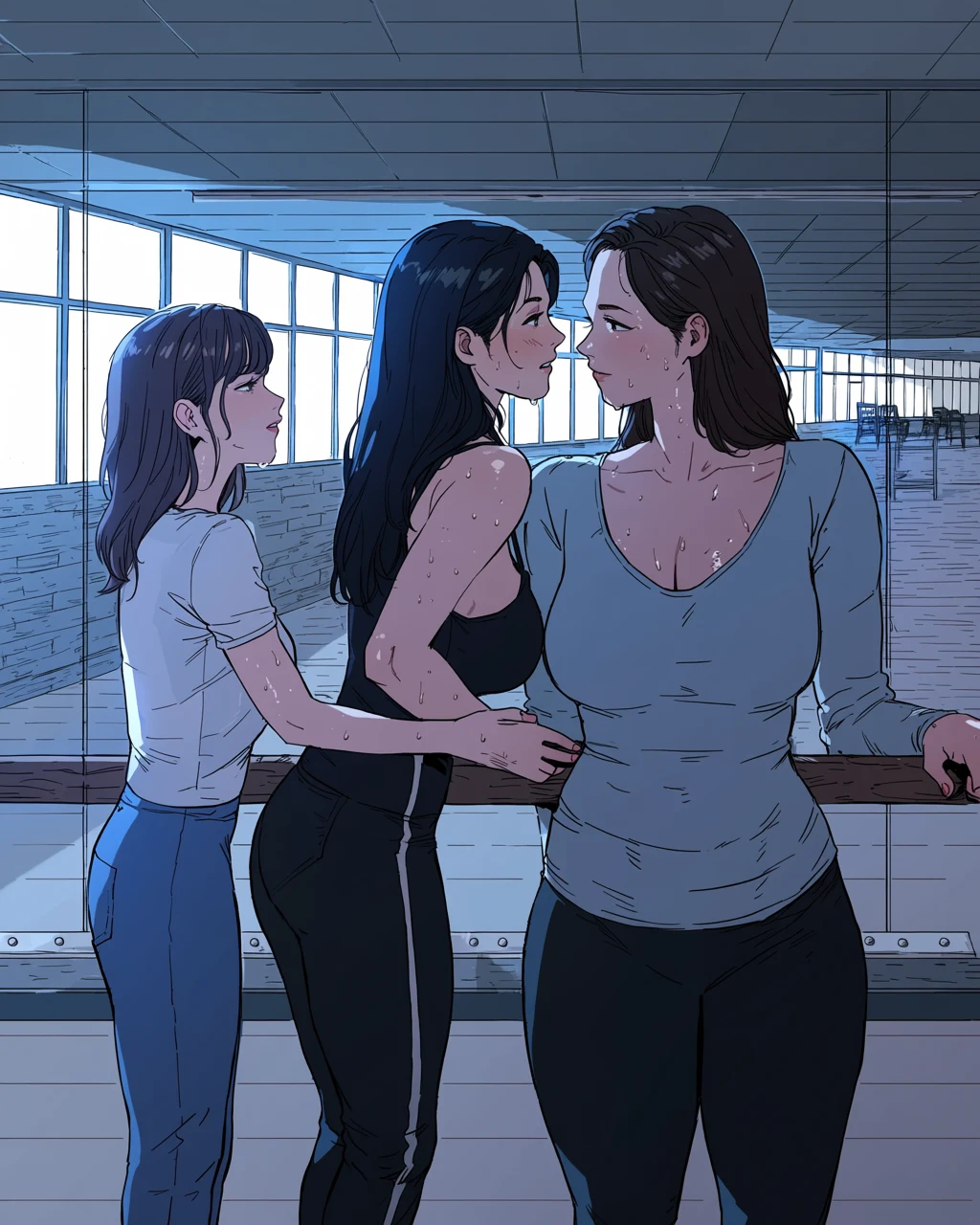 lesbian couple, two adult women in an empty dance studio, one adjusting the other's posture at the barre, full-wall mirror, cool morning light on sweat-damp skin