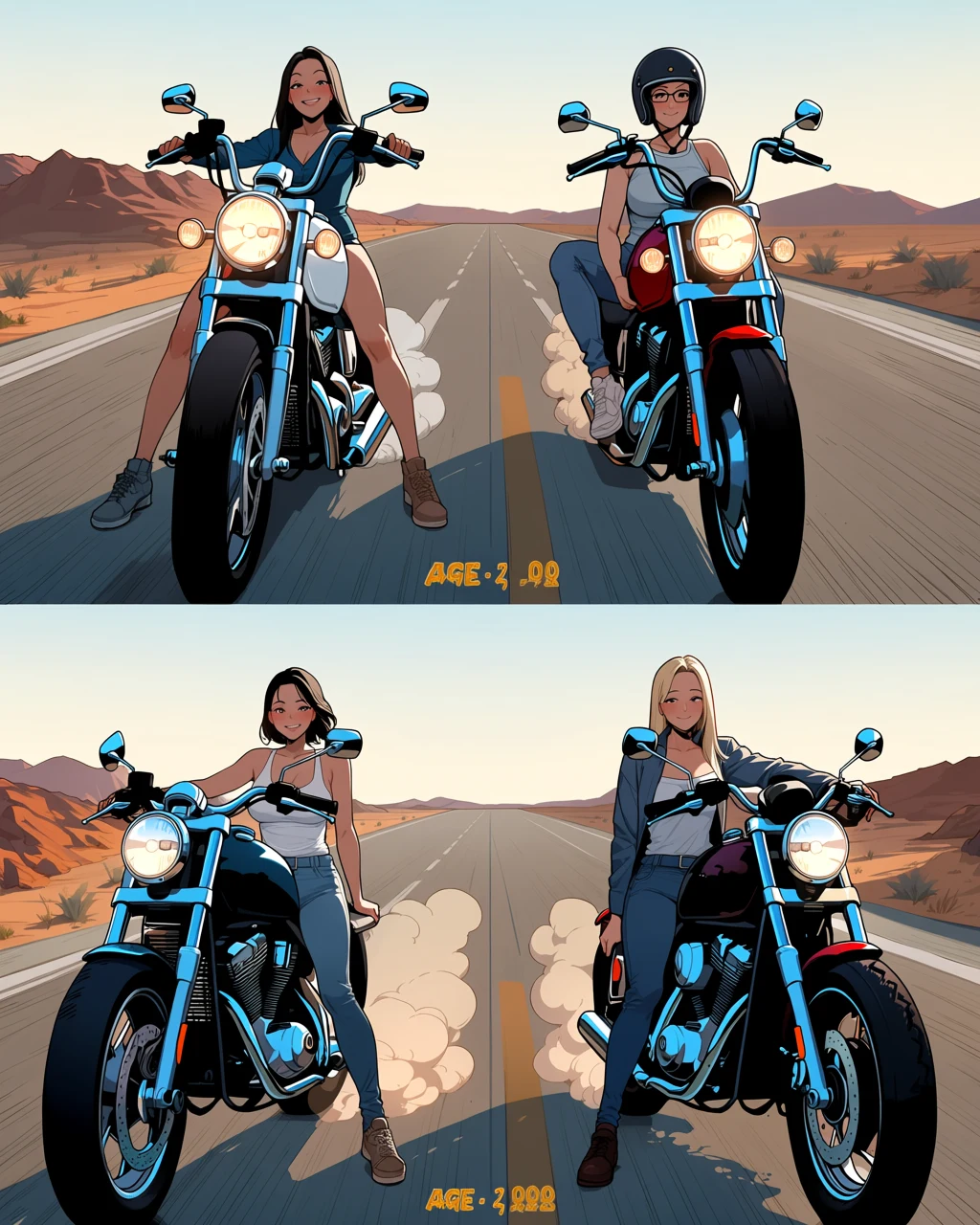lesbian couple, two adult women astride motorcycles stopped on a desert highway at golden hour, helmets off, dust in the low sun