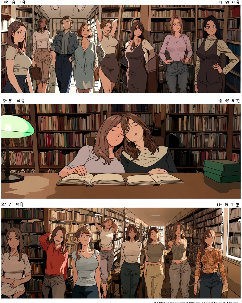 lesbian couple, two adult women alone in a university library after hours, one asleep against the other over open books, single green banker's lamp