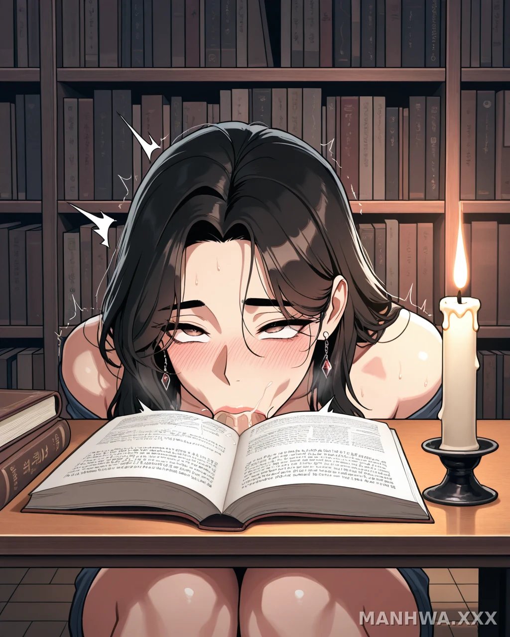 A young woman with dark hair leans exhausted over a book at a wooden desk lit by a single candle in a library.