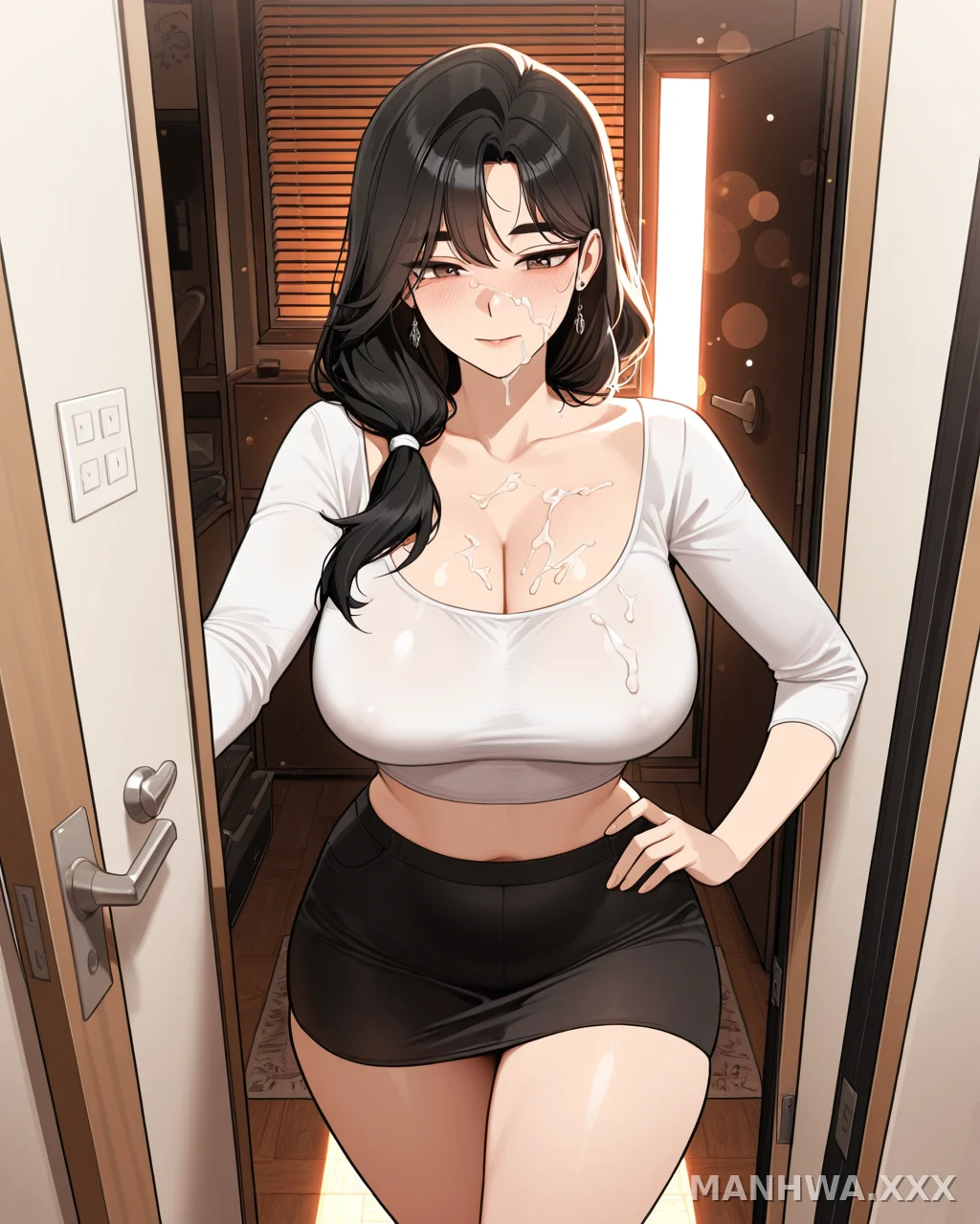 A woman with black hair and white liquid dripping from her face and chest stands in a doorway wearing a white top and black skirt.